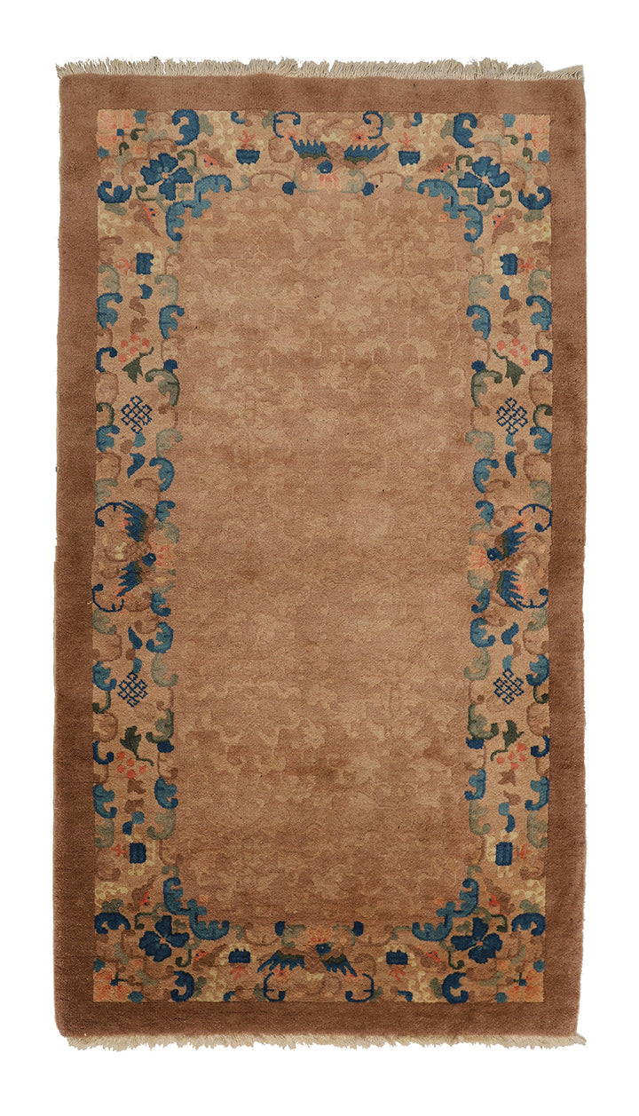 3'x6' Vintage Chinese Art Deco Rug | Camel Floral Area Rug