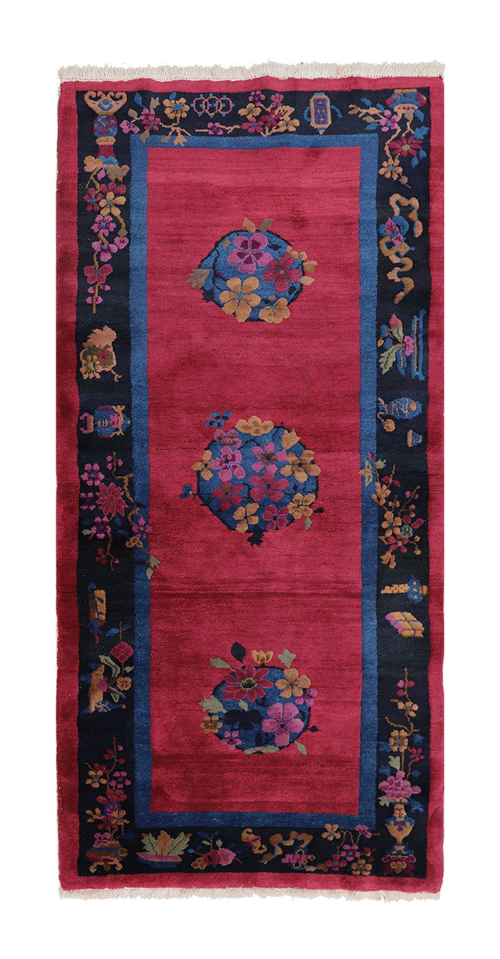 3'x7' Vintage Chinese Art Deco Rug | Redwine & Navy Short Runner 