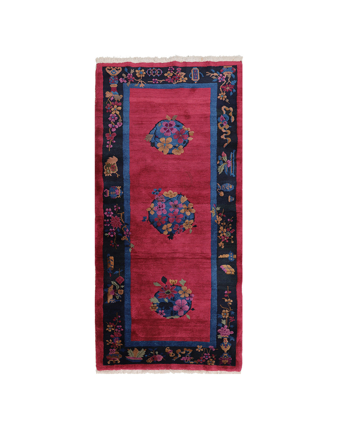 3'x7' Vintage Chinese Art Deco Rug | Redwine & Navy Short Runner