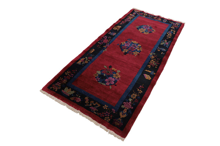 3'x7' Vintage Chinese Art Deco Rug | Redwine & Navy Short Runner 