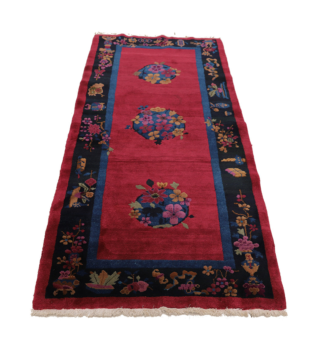 3'x7' Vintage Chinese Art Deco Rug | Redwine & Navy Short Runner 