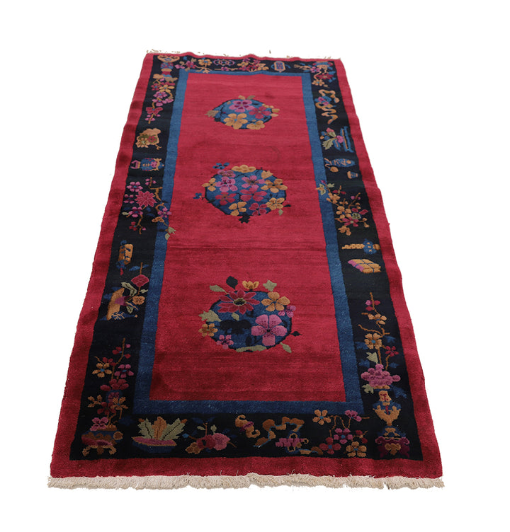 3'x7' Vintage Chinese Art Deco Rug | Redwine & Navy Short Runner 