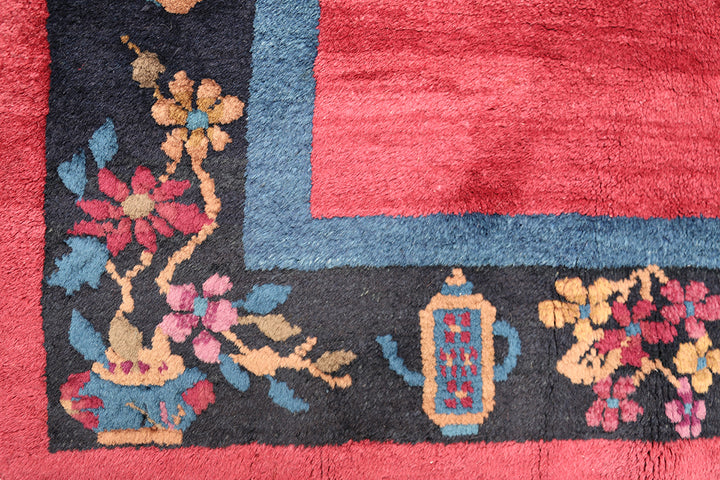 3'x7' Vintage Chinese Art Deco Rug | Redwine & Navy Short Runner 