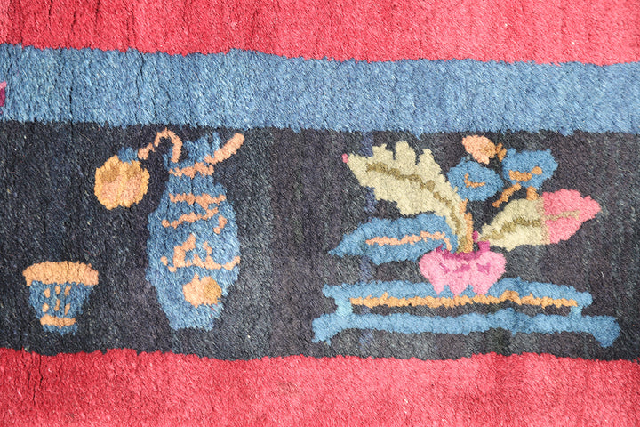 3'x7' Vintage Chinese Art Deco Rug | Redwine & Navy Short Runner