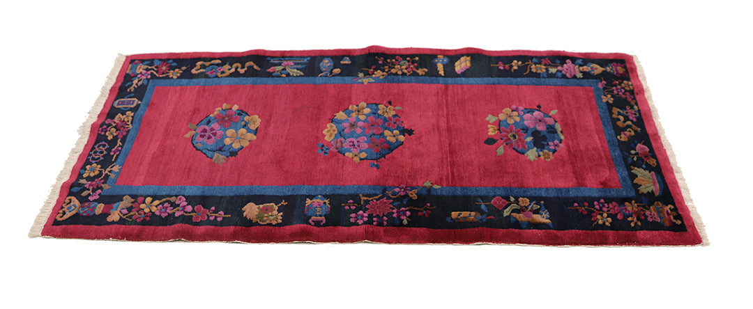3'x7' Vintage Chinese Art Deco Rug | Redwine & Navy Short Runner 