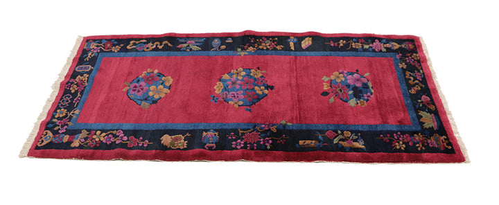 3'x7' Vintage Chinese Art Deco Rug | Redwine & Navy Short Runner 