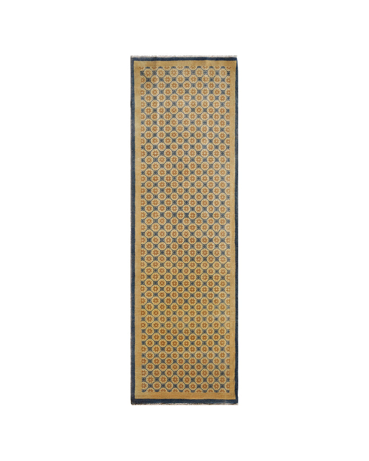 3'x8' Gold Blue Geometric Contemporary Chinese Design Runner Rug