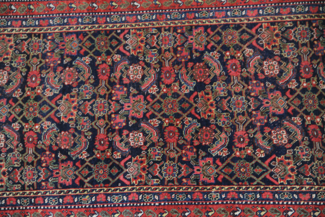 4' x 18' Vintage Persian Floral Runner Rug | Red & Navy