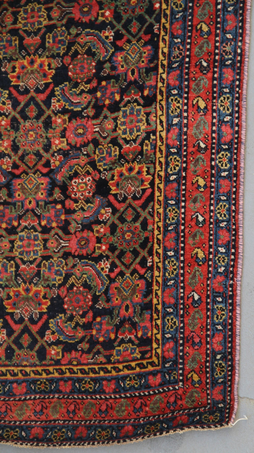 4' x 18' Vintage Persian Floral Runner Rug | Red & Navy