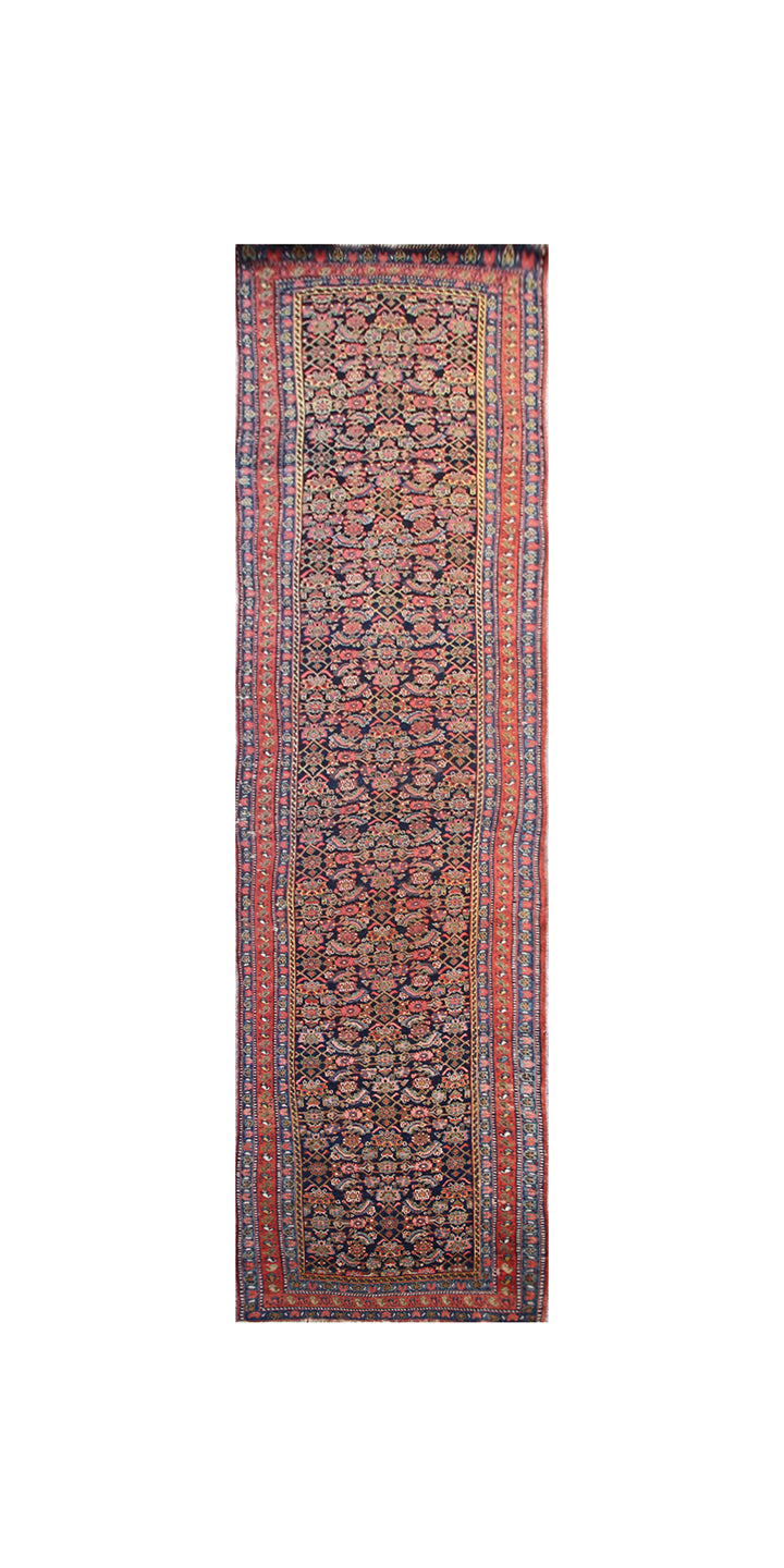 4' x 18' Vintage Persian Floral Runner Rug | Red & Navy