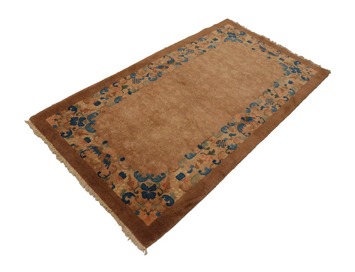 3'x6' Vintage Chinese Art Deco Rug | Camel Floral Area Rug