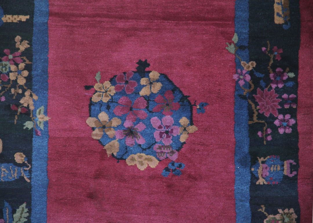 3'x7' Magenta and Navy Blue Floral Chinese Art Deco Rug