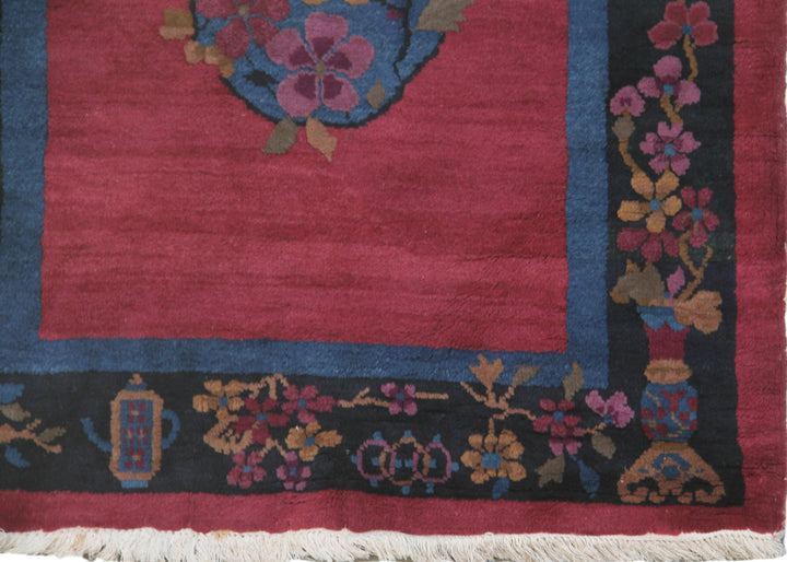 3'x7' Magenta and Navy Blue Floral Chinese Art Deco Rug