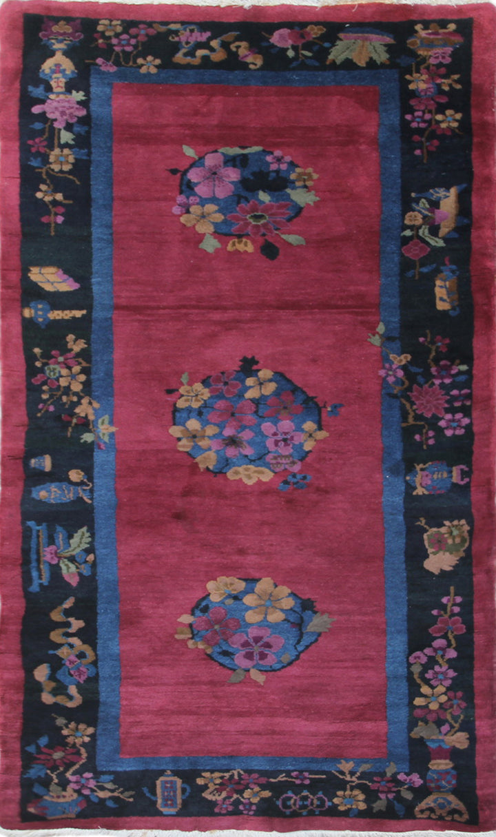 3'x7' Magenta and Navy Blue Floral Chinese Art Deco Rug