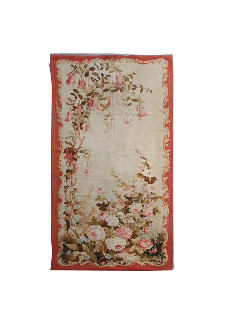 Rare 19th century antique French Aubusson tapestry panel 4x10 featuring floral neoclassic design in ivory, pink, peach, and moss green