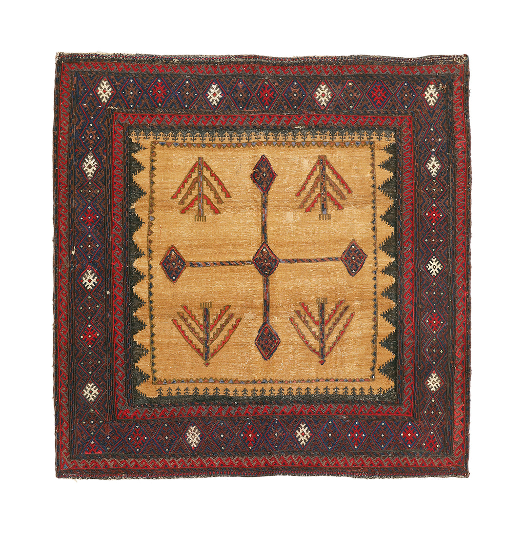 4'x4' Rare Sofreh Kilim | Collectible Tribal Flat Weave | Organic Camel Hair