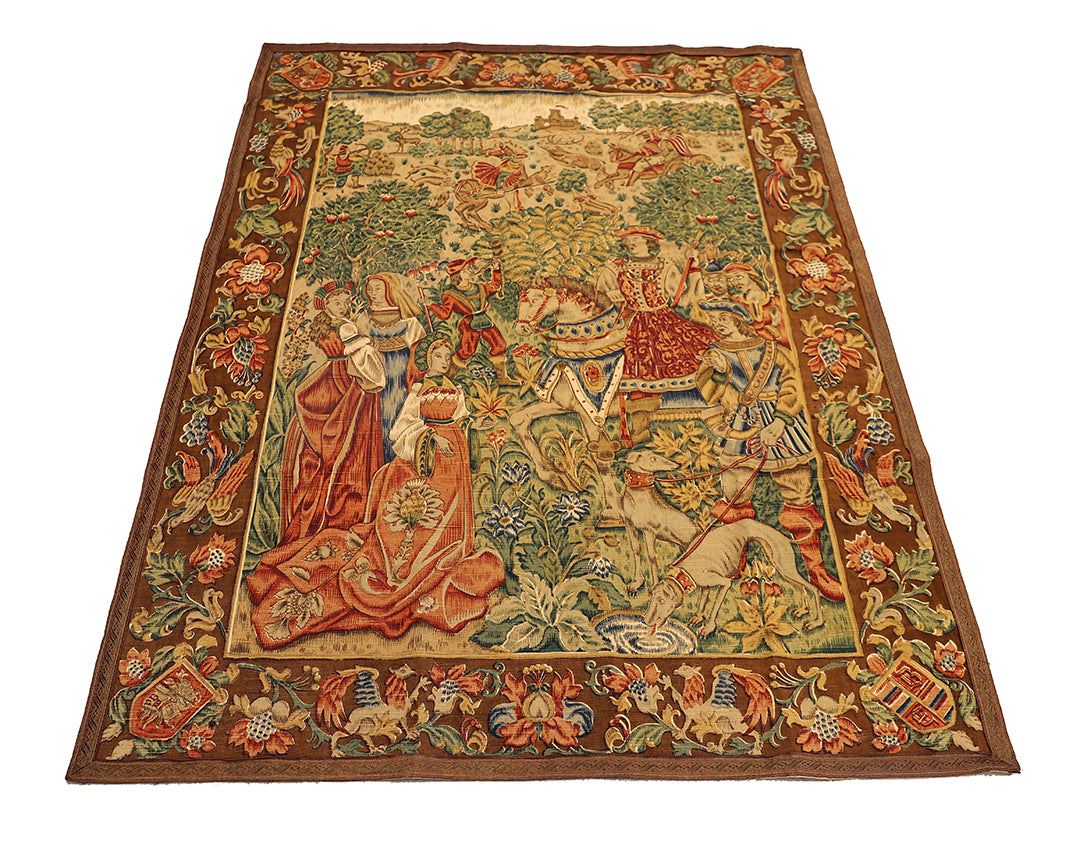 Decorative rug with intricate patterns and figures on a white background