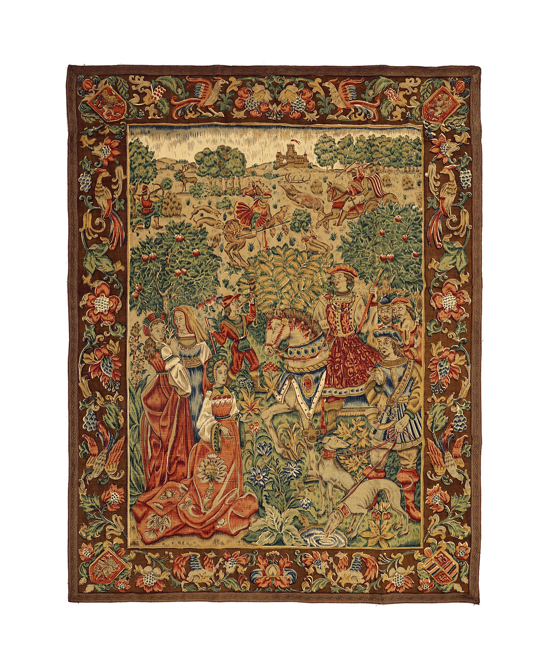 Decorative tapestry with medieval scene and intricate border