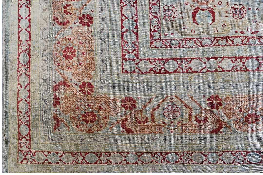 5.05 x 4.01 Rare 19th century Persian silk Tabriz Haji Jalili prayer rug featuring a unique aqua blue background color and pure silk pile.