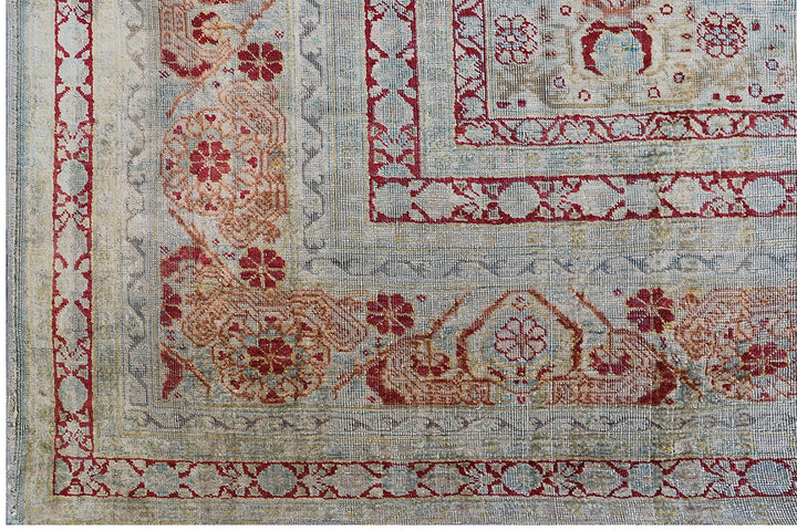 5.05 x 4.01 Rare 19th century Persian silk Tabriz Haji Jalili prayer rug featuring a unique aqua blue background color and pure silk pile.
