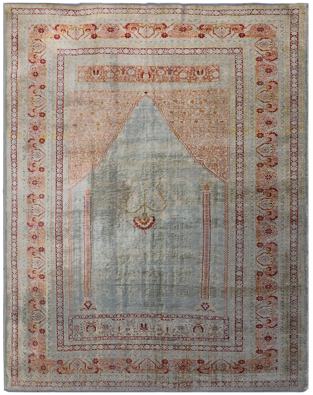 5.05 x 4.01 Rare 19th century Persian silk Tabriz Haji Jalili prayer rug featuring a unique aqua blue background color and pure silk pile.