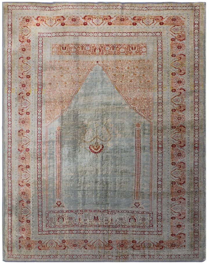 5.05 x 4.01 Rare 19th century Persian silk Tabriz Haji Jalili prayer rug featuring a unique aqua blue background color and pure silk pile.