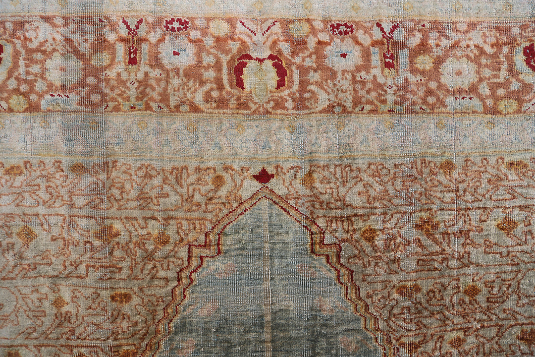 5.05 x 4.01 Rare 19th century Persian silk Tabriz Haji Jalili prayer rug featuring a unique aqua blue background color and pure silk pile.