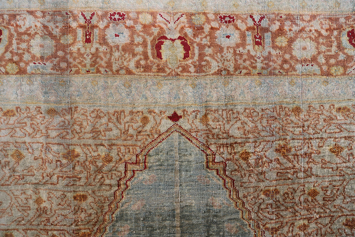 5.05 x 4.01 Rare 19th century Persian silk Tabriz Haji Jalili prayer rug featuring a unique aqua blue background color and pure silk pile.
