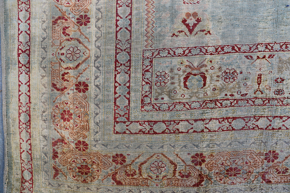 5.05 x 4.01 Rare 19th century Persian silk Tabriz Haji Jalili prayer rug featuring a unique aqua blue background color and pure silk pile.