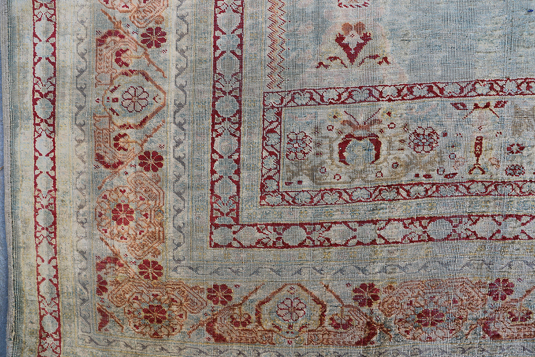5.05 x 4.01 Rare 19th century Persian silk Tabriz Haji Jalili prayer rug featuring a unique aqua blue background color and pure silk pile.