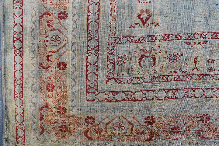 5.05 x 4.01 Rare 19th century Persian silk Tabriz Haji Jalili prayer rug featuring a unique aqua blue background color and pure silk pile.