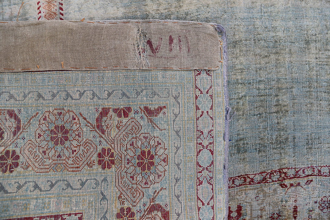5.05 x 4.01 Rare 19th century Persian silk Tabriz Haji Jalili prayer rug featuring a unique aqua blue background color and pure silk pile.