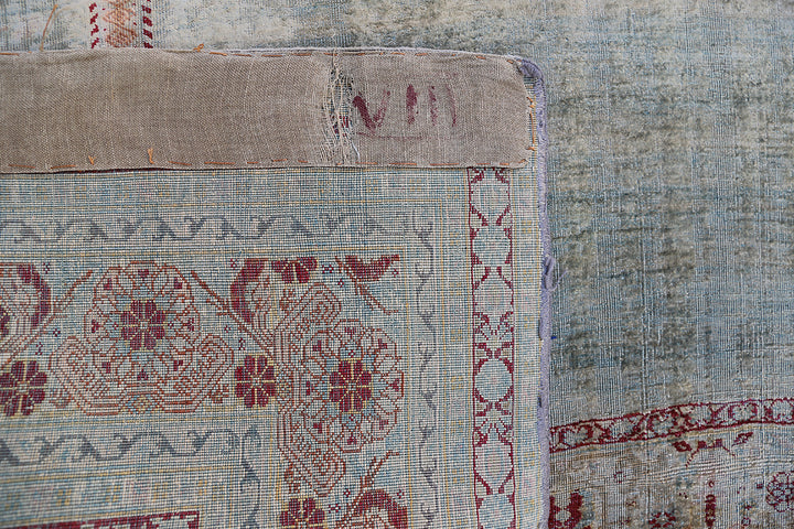 5.05 x 4.01 Rare 19th century Persian silk Tabriz Haji Jalili prayer rug featuring a unique aqua blue background color and pure silk pile.