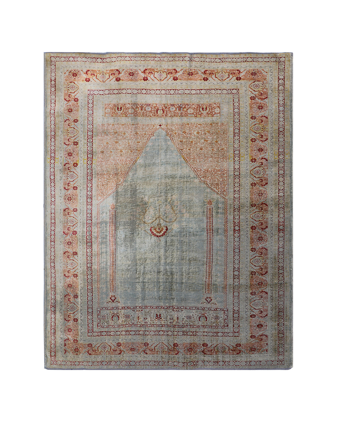 5.05 x 4.01 Rare 19th century Persian silk Tabriz Haji Jalili prayer rug featuring a unique aqua blue background color and pure silk pile.