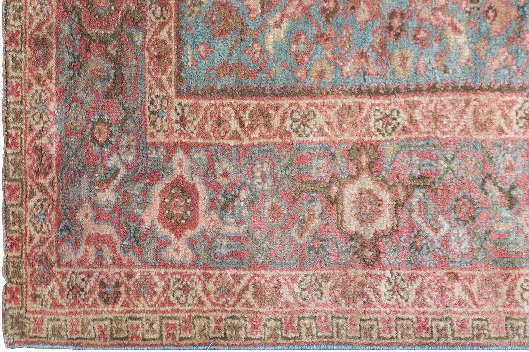 Antique Persian Ziegler Mahal rug 4x6 featuring a soft blue background with Herati pattern, gold accents, and turtle border