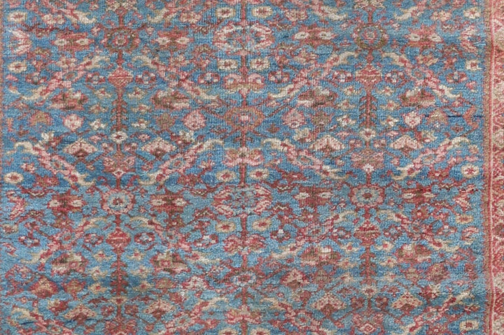 Antique Persian Ziegler Mahal rug 4x6 featuring a soft blue background with Herati pattern, gold accents, and turtle border