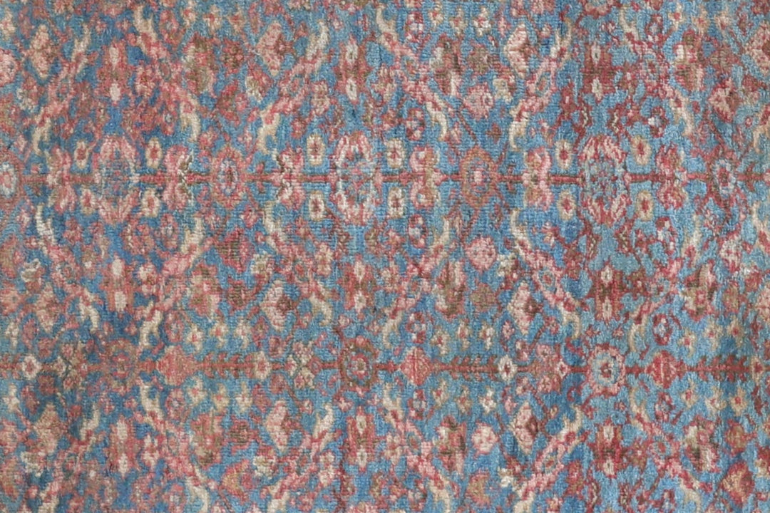 Antique Persian Ziegler Mahal rug 4x6 featuring a soft blue background with Herati pattern, gold accents, and turtle border