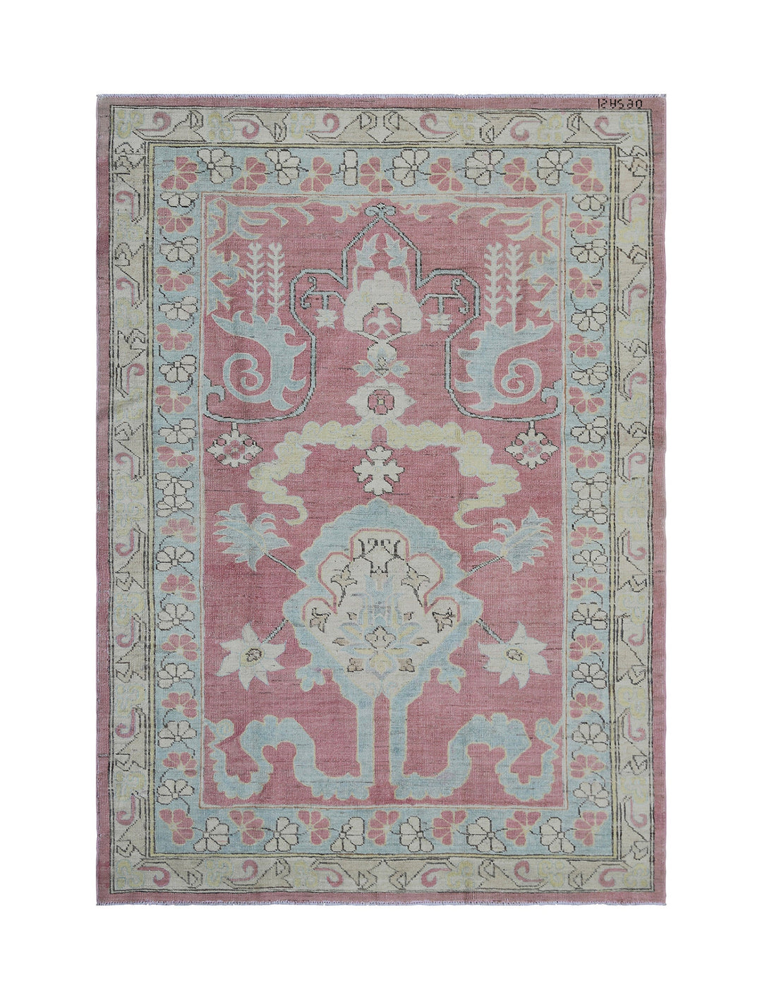 4'x6' Hand-Knotted Turkish Anatolian Prayer Rug – Pink & White Geometric Rug