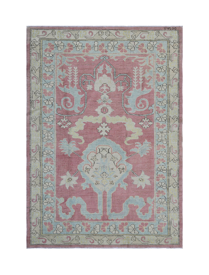 4'x6' Hand-Knotted Turkish Anatolian Prayer Rug – Pink & White Geometric Rug