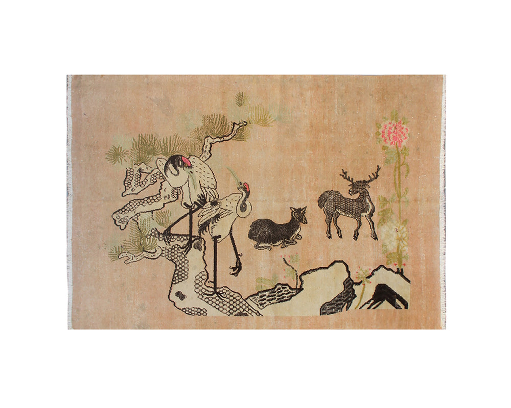 Decorative mat with traditional design featuring a person, deer, and animals on a beige background