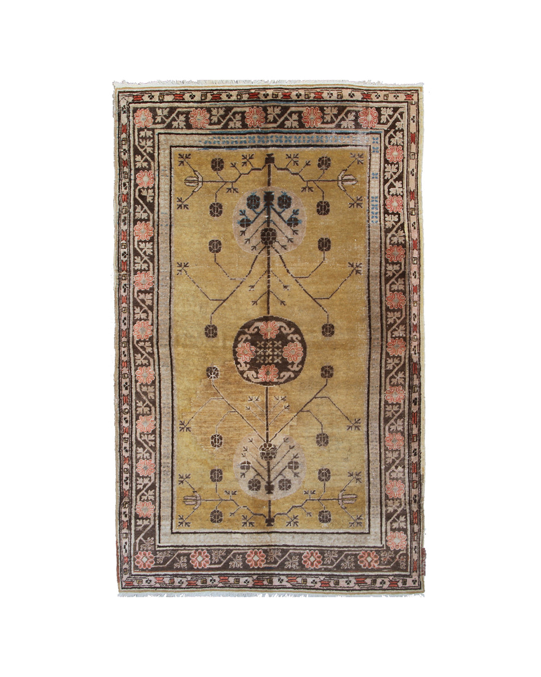 Image Alt Text: Rare 4x6 vintage Samarkand Khotan hand-knotted wool area rug featuring tree designs on a golden yellow field with a brown floral border by Ariana Rugs.