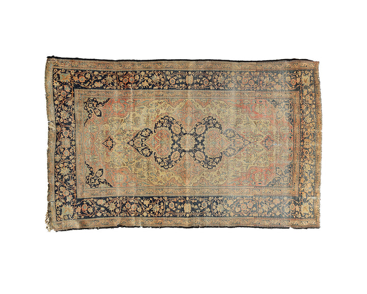 Unique 4x7 antique Kashan Muhtashim Persian rug with navy medallion from a trusted dealer with over 45 years of experience.