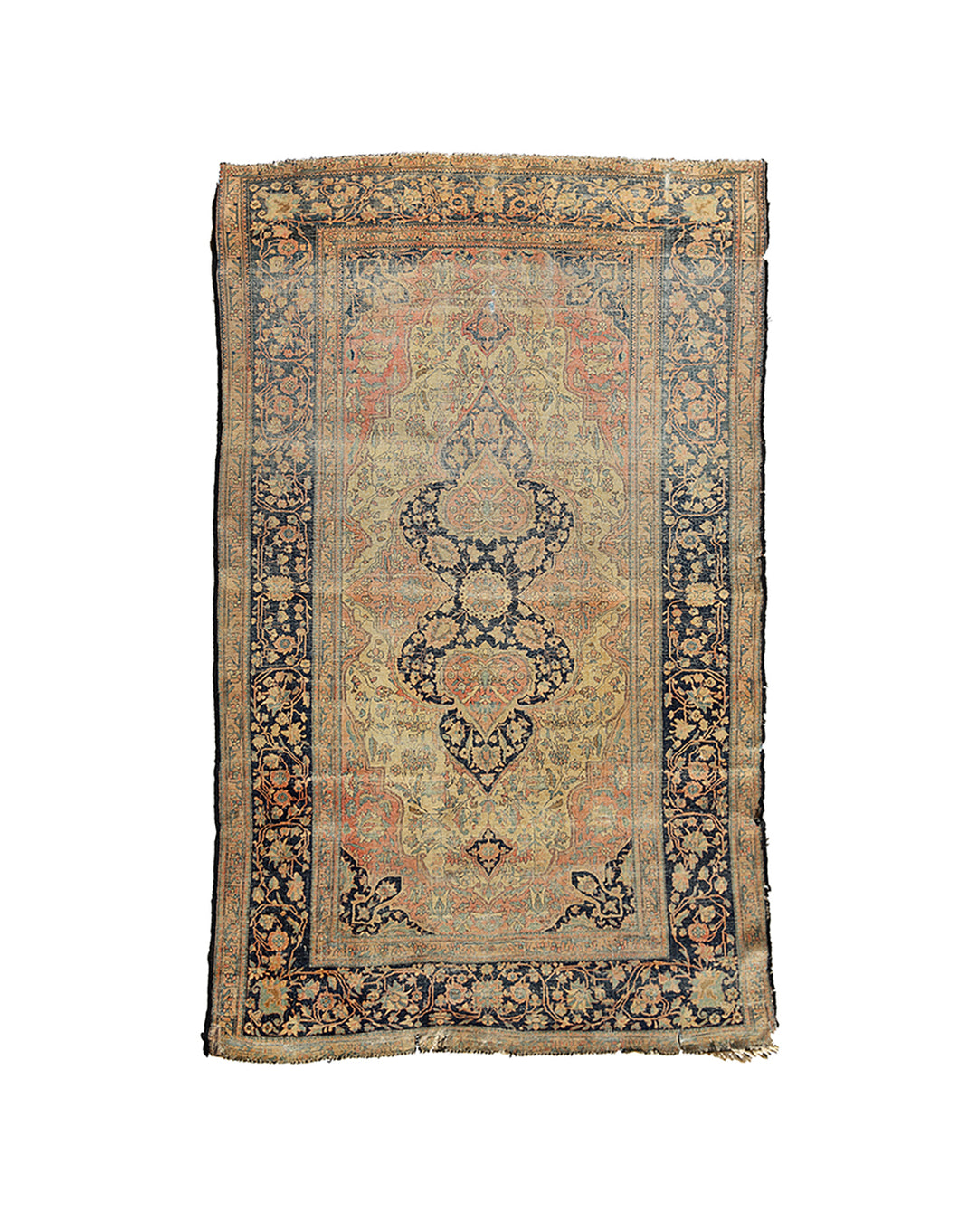 Unique 4x7 antique Kashan Muhtashim Persian rug with navy medallion from a trusted dealer with over 45 years of experience.