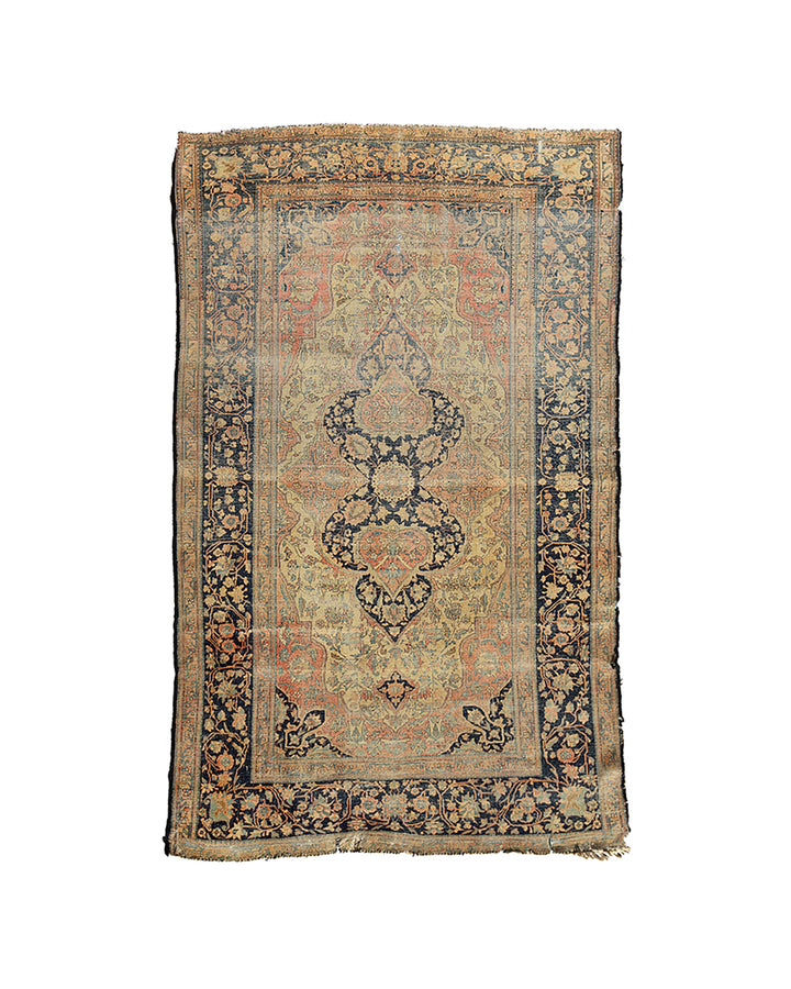 Unique 4x7 antique Kashan Muhtashim Persian rug with navy medallion from a trusted dealer with over 45 years of experience.