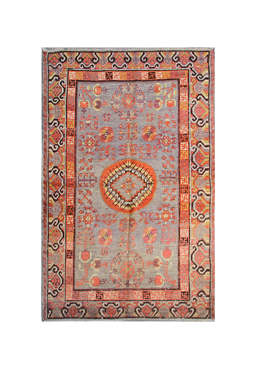 4x7 Antique Samarkand Khotan Rug | Grey Geometric Medallion Wool Area Rug