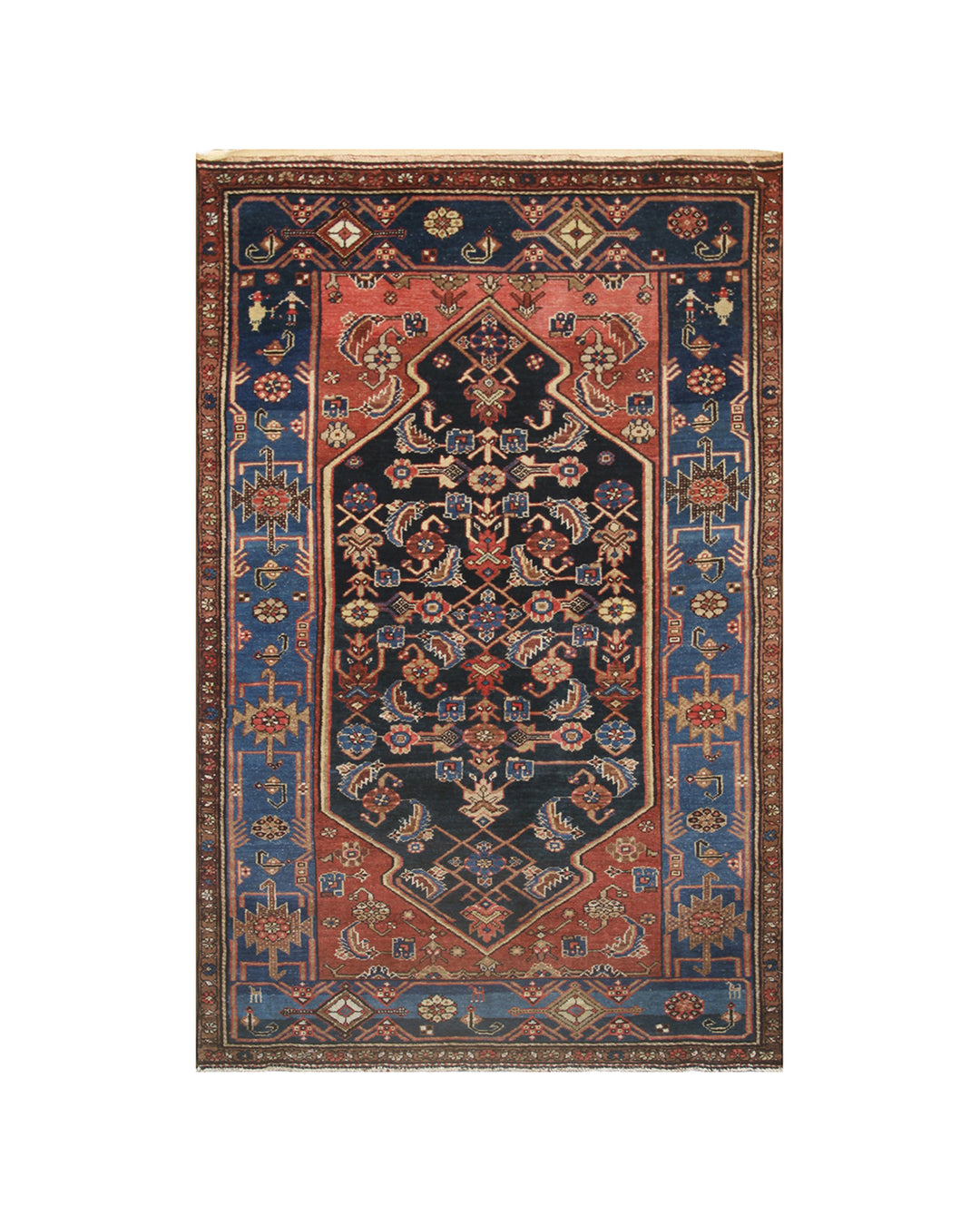 A traditional oriental-style area rug with a dark navy blue central field, red borders, and blue side panels with intricate floral and geometric patterns.