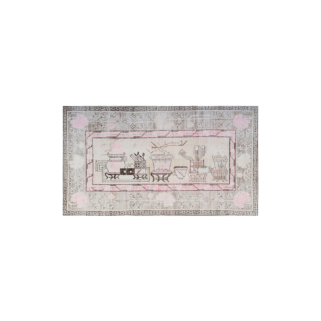 Semi-antique Samarkand Yarkand rug featuring a sideways vase motif with wildflowers in soft pastel tones