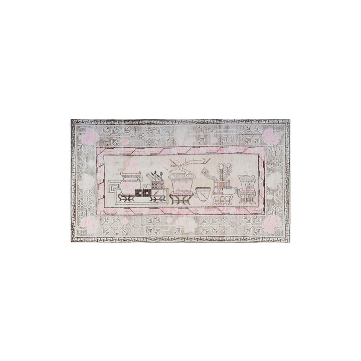 Semi-antique Samarkand Yarkand rug featuring a sideways vase motif with wildflowers in soft pastel tones
