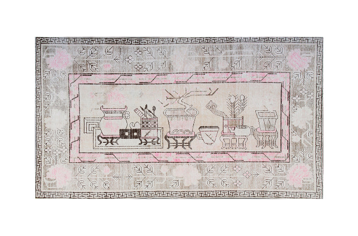Semi-antique Samarkand Yarkand rug featuring a sideways vase motif with wildflowers in soft pastel tones