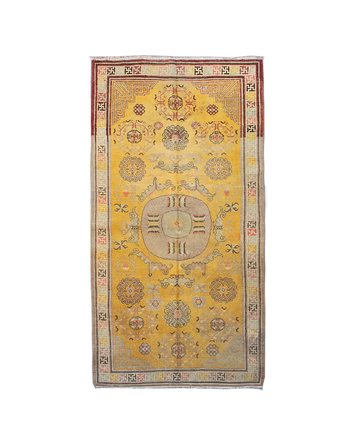 Decorative rug with intricate patterns on a yellow background